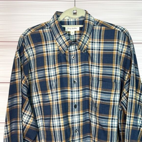 John W. Nordstrom Button Down Shirt Cotton Plaid Blue Tan Ivory Vintage XL - Picture 2 of 13